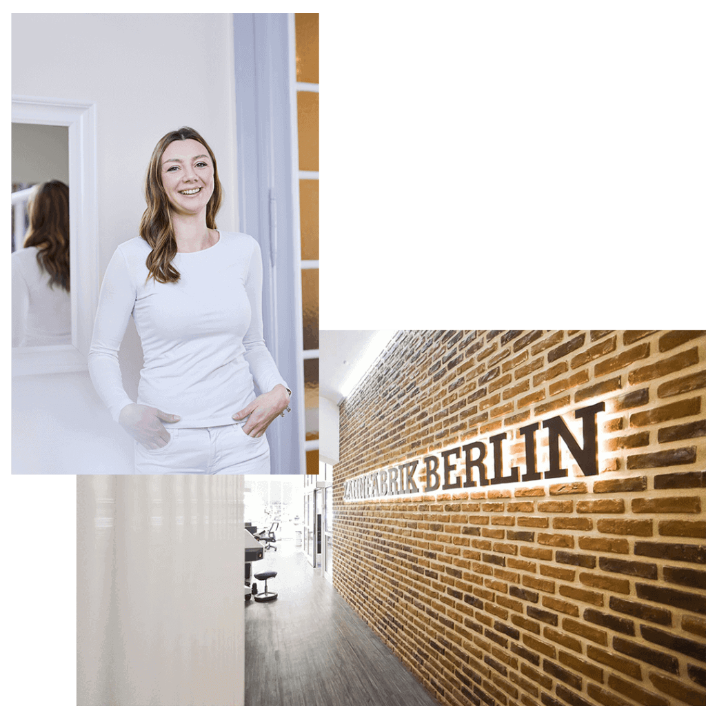 Eine lächelnde Frau in Weiß steht vor einer Backsteinwand mit Berlin-Schriftzug
